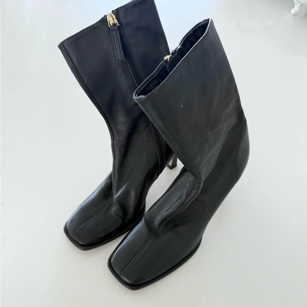 Zara Limited Edition Leather Heeled Square Toe Ankle Boots Size 39/9 - Picture 3 of 7